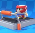 Magic Media Game Trailers. A cute, cartoonish character in a red helmet and colorful outfit running on a treadmill in a vibrant, blue-checkered environment.